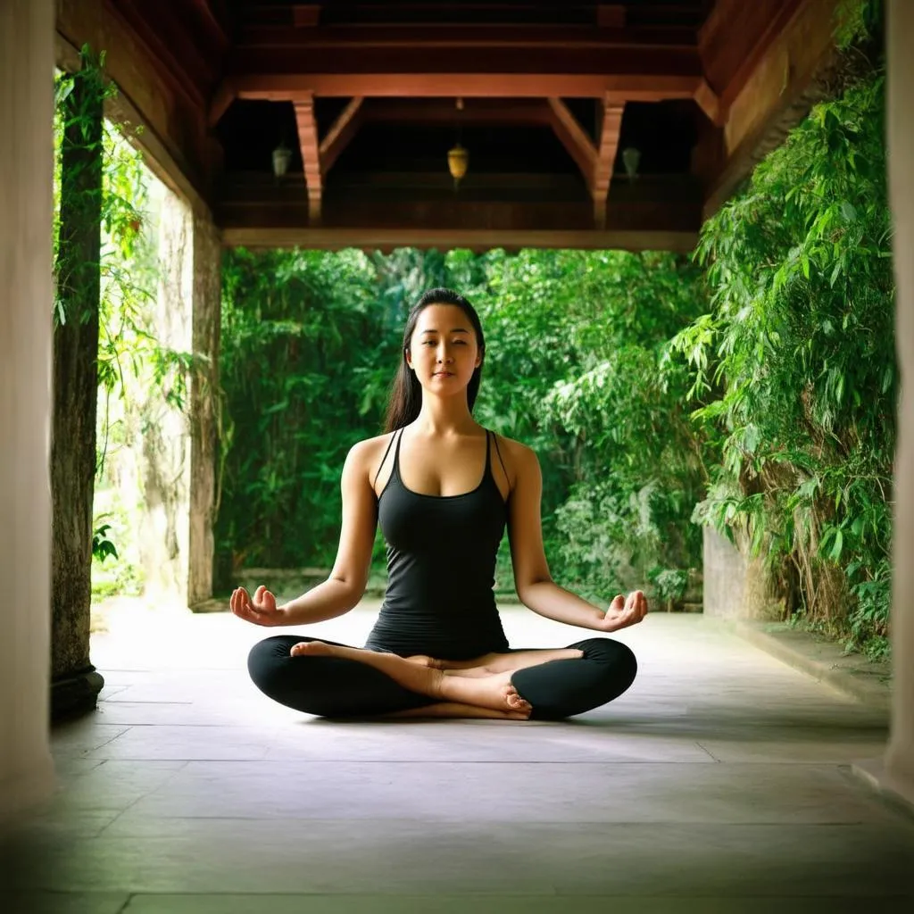 Woman Meditating in a Peaceful Temple