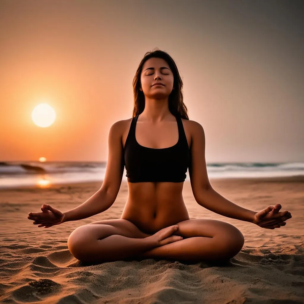 A woman meditates on a peaceful beach