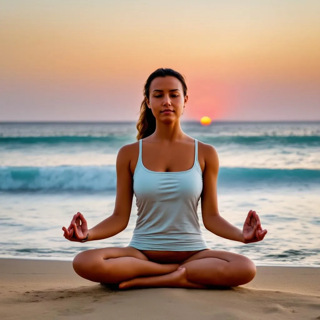 Woman meditating on beach