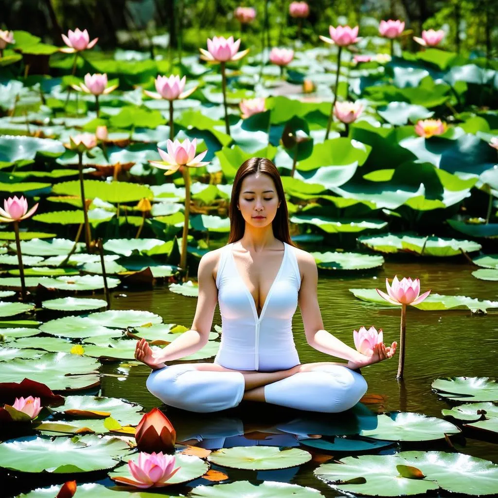 Woman meditating by a lotus pond