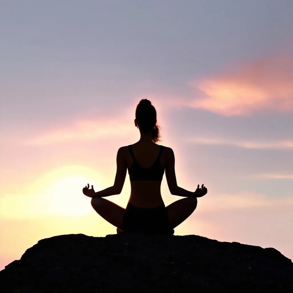 Woman meditating on a mountaintop at sunrise