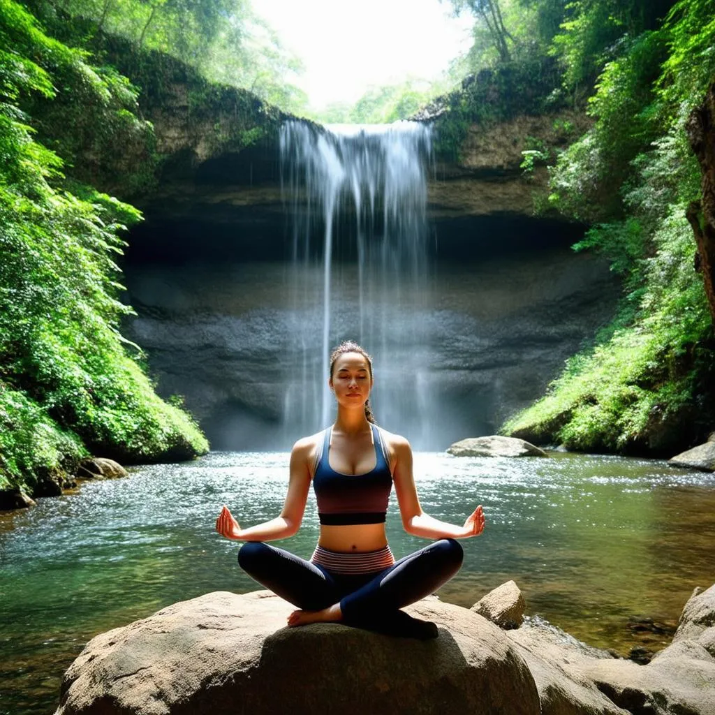 Woman Meditating by a Waterfall