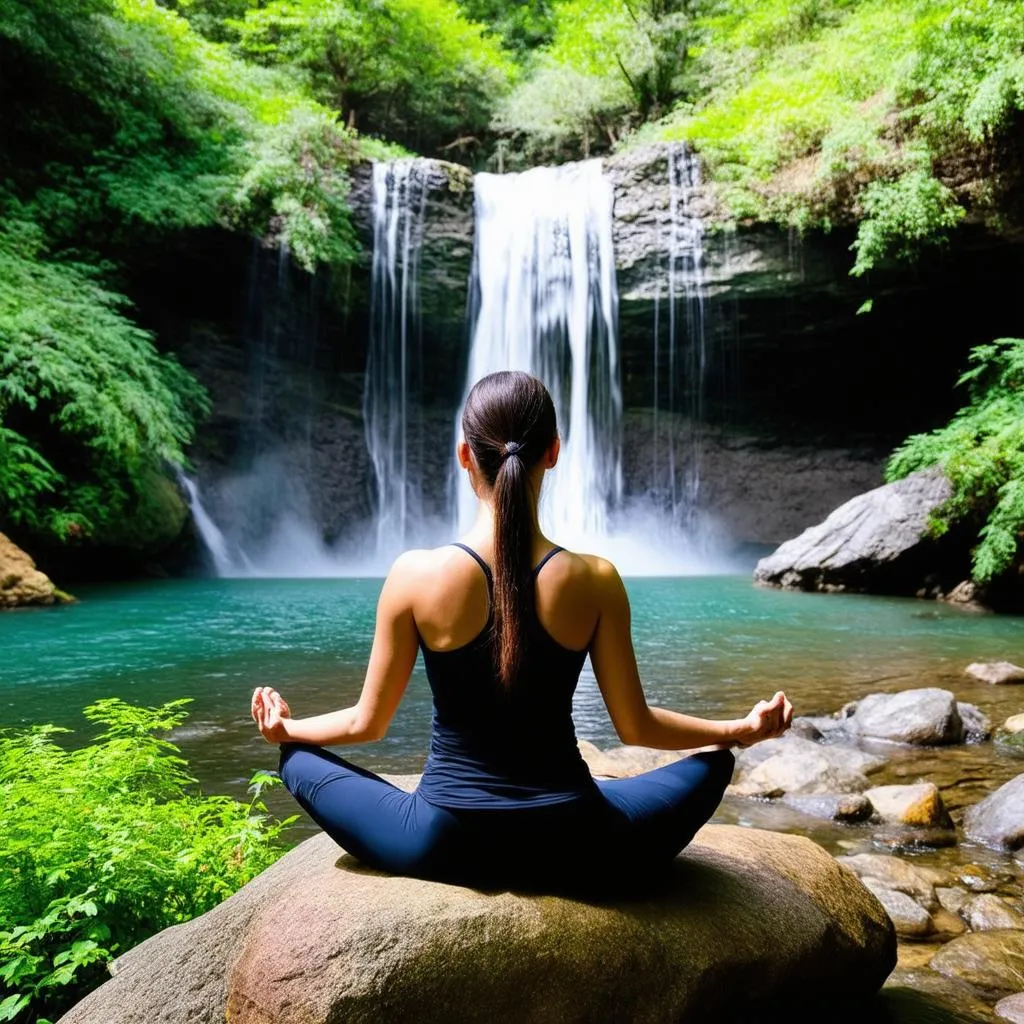 woman meditating near a waterfall