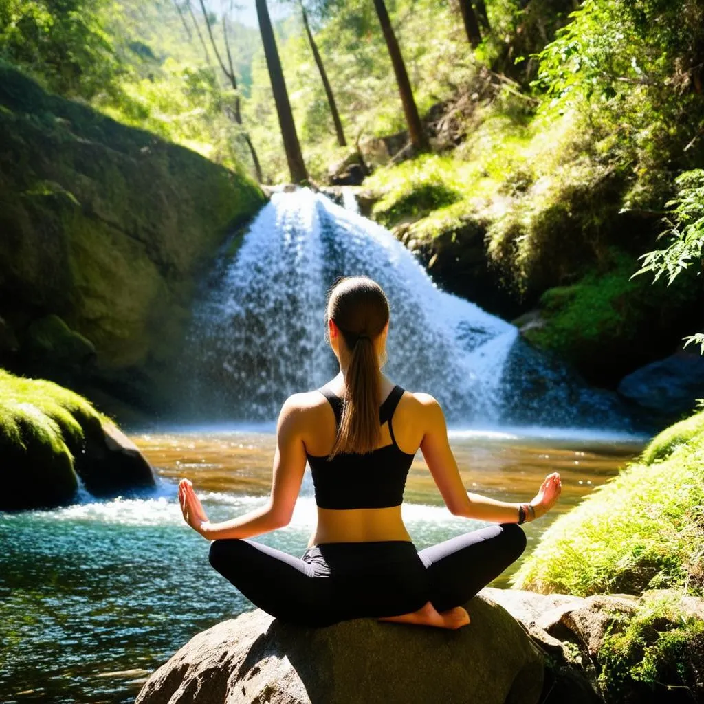 Woman meditating by a waterfall