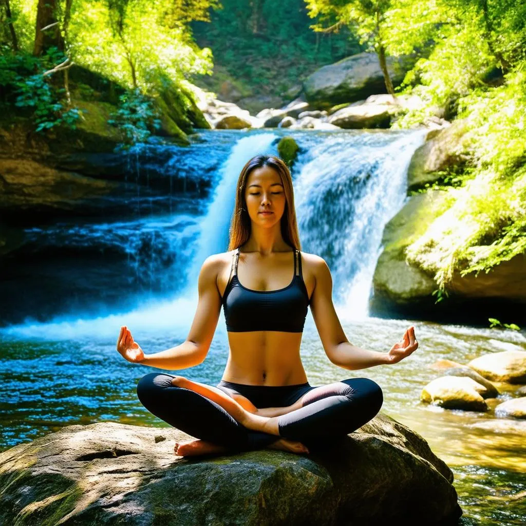 Woman meditating in front of a waterfall surrounded by lush greenery