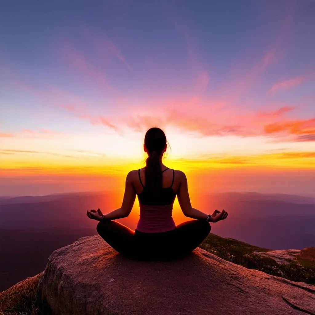 woman meditating on a cliff