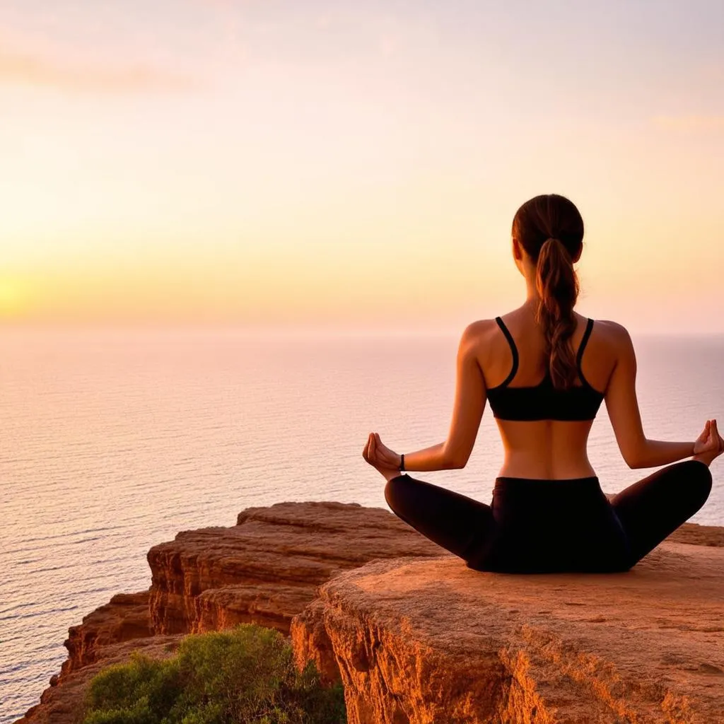 woman meditating on a cliff overlooking the ocean