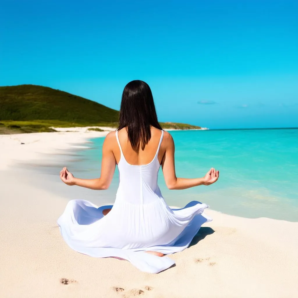 woman meditating on beach with ocean view