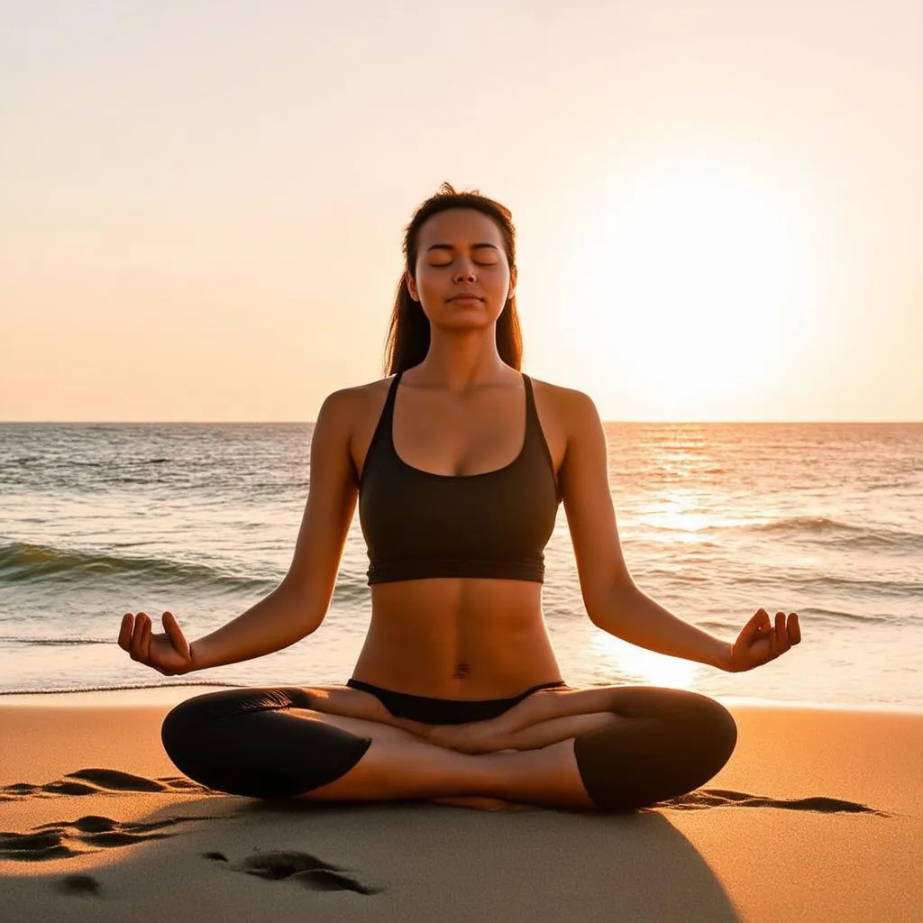 Woman meditating on a beach with the ocean in the background