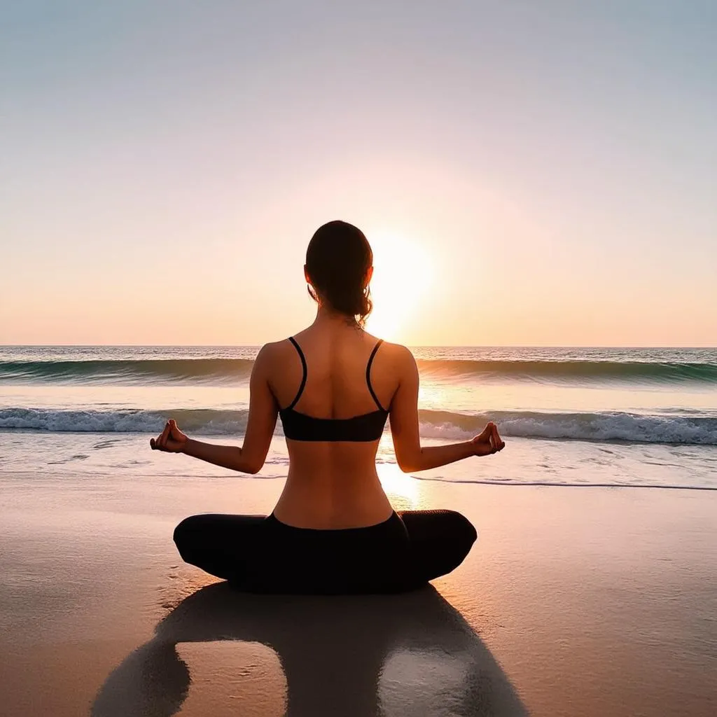 Woman meditating on a beach