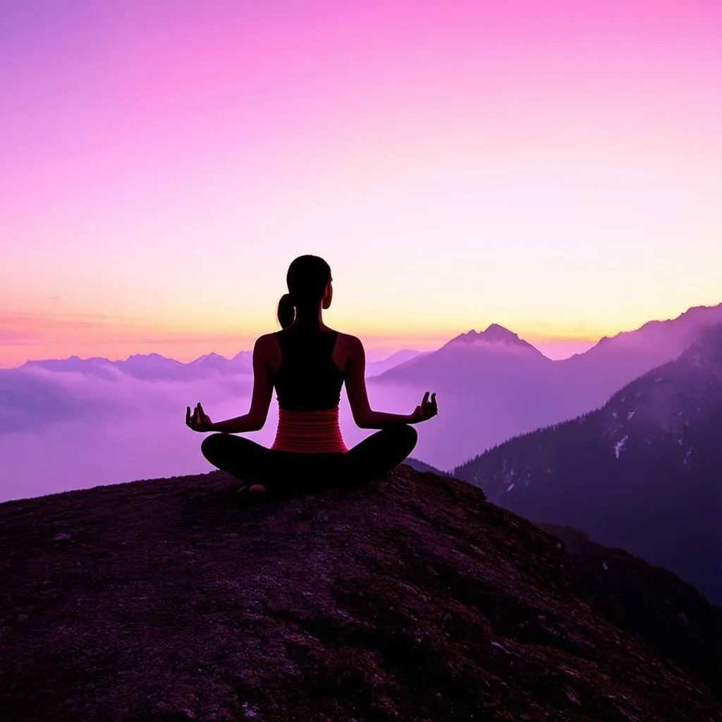 Woman meditating on a mountaintop with a panoramic view.