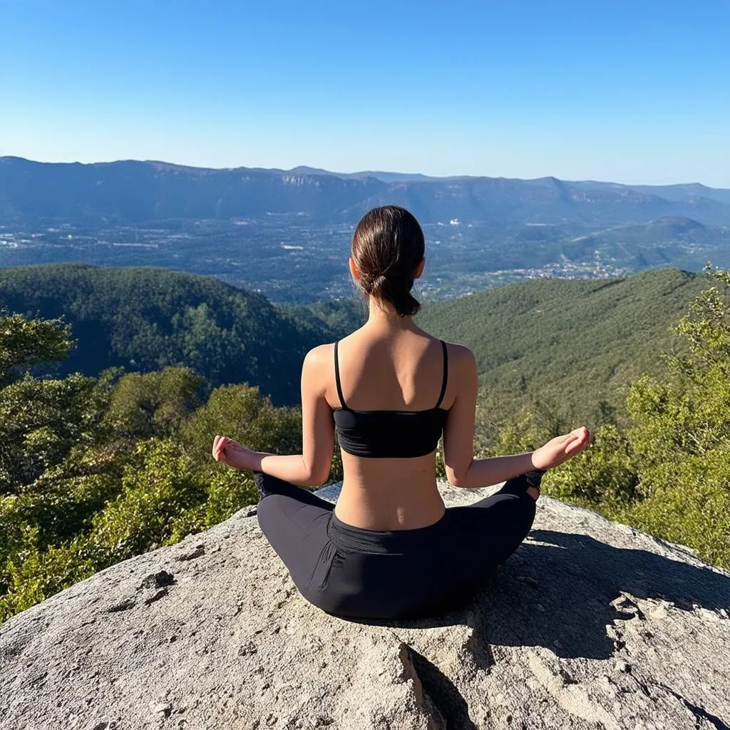 woman meditating on mountain