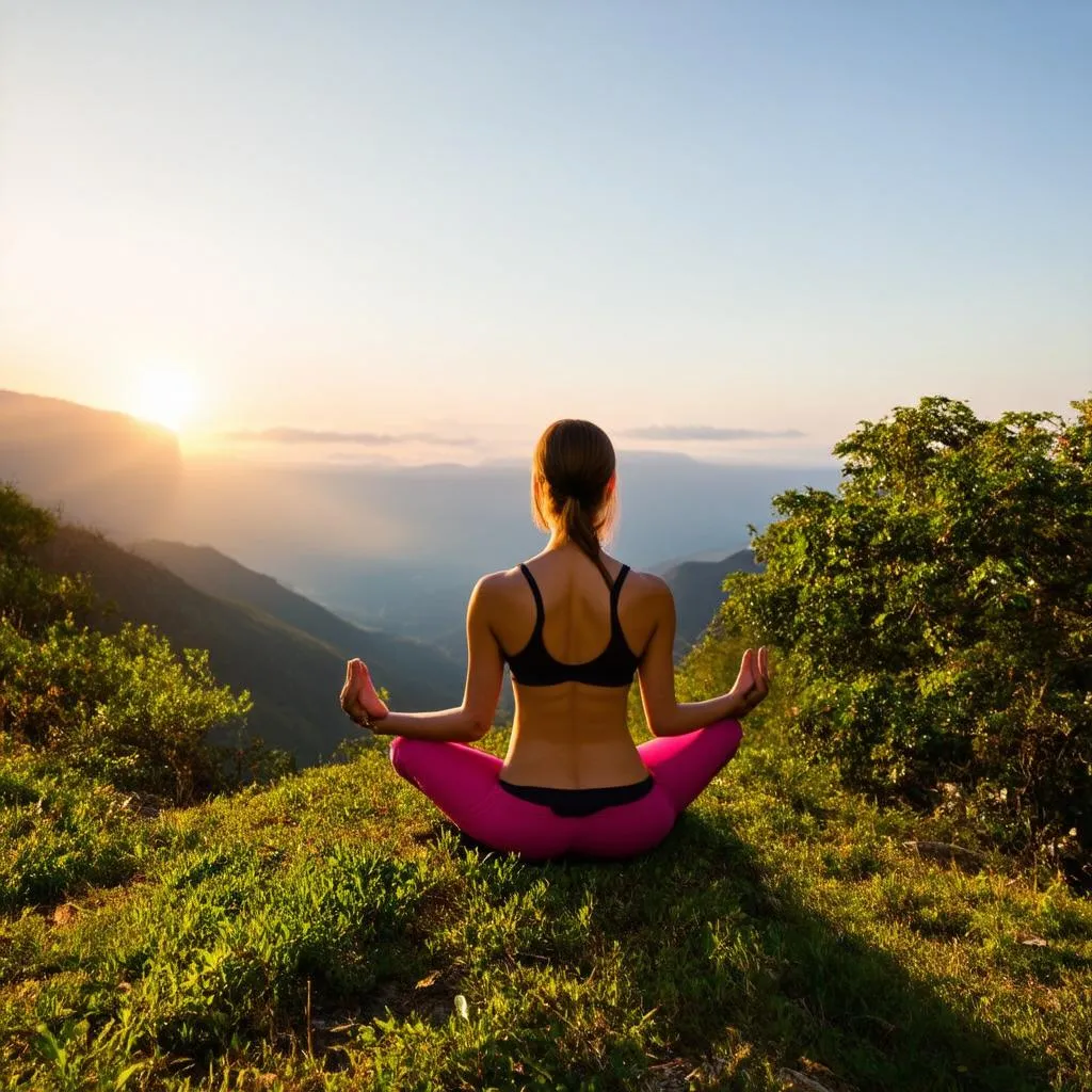 woman meditating on a mountain top