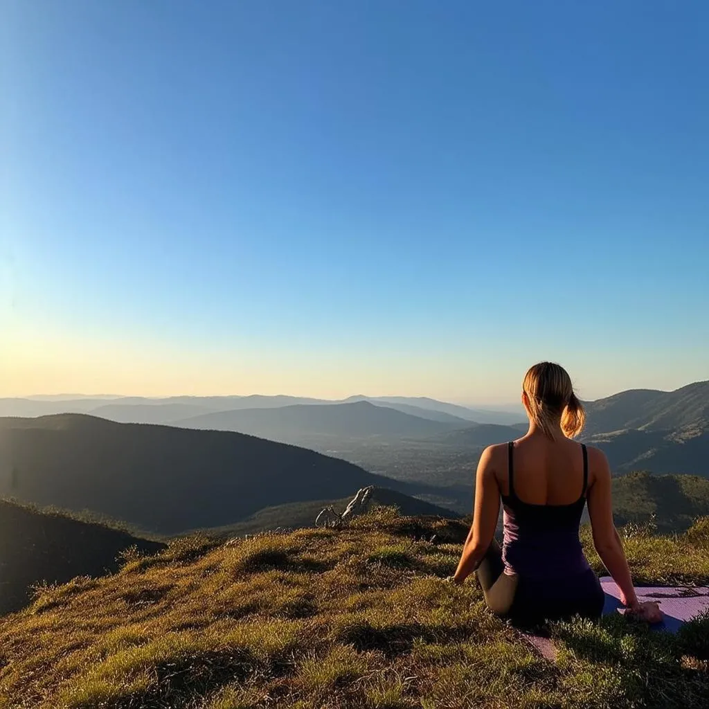 Woman meditating on mountain top