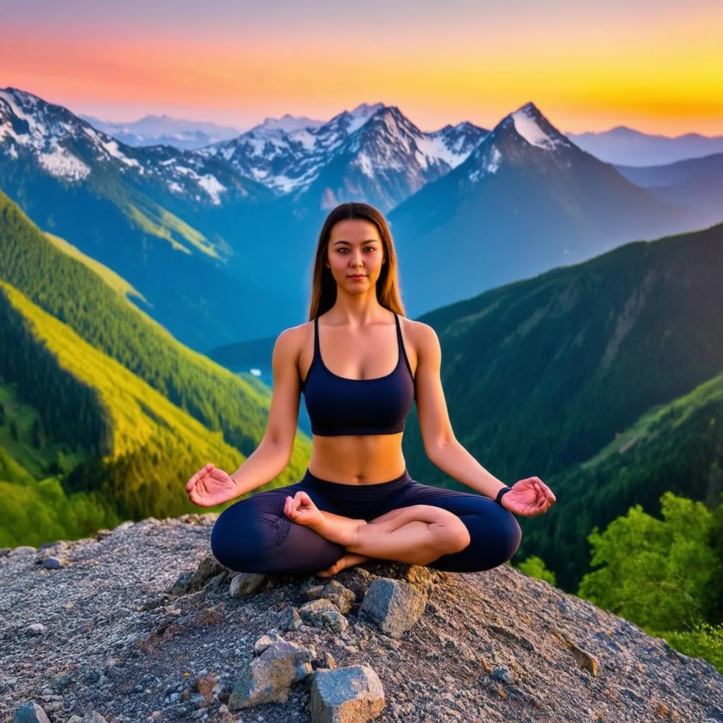 Woman meditating on a mountaintop with stunning views