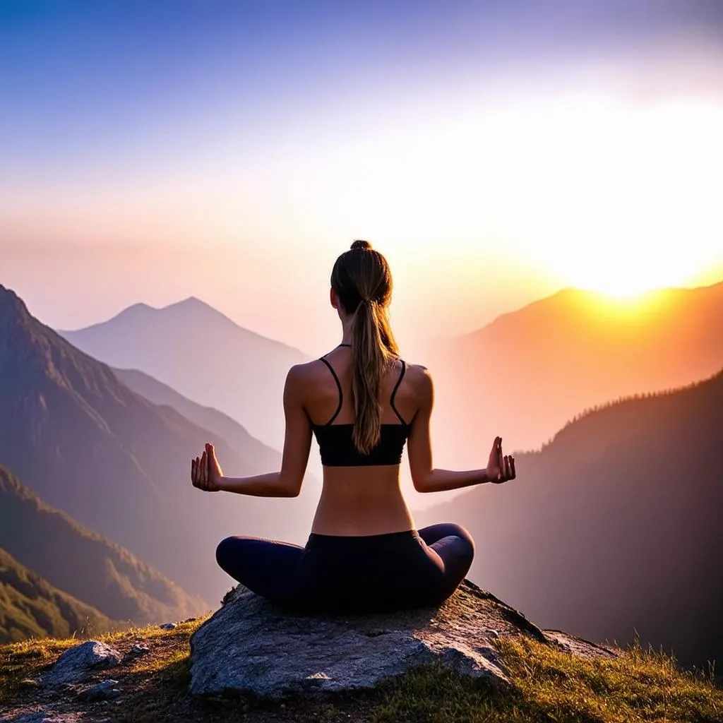 Woman meditating on a mountaintop