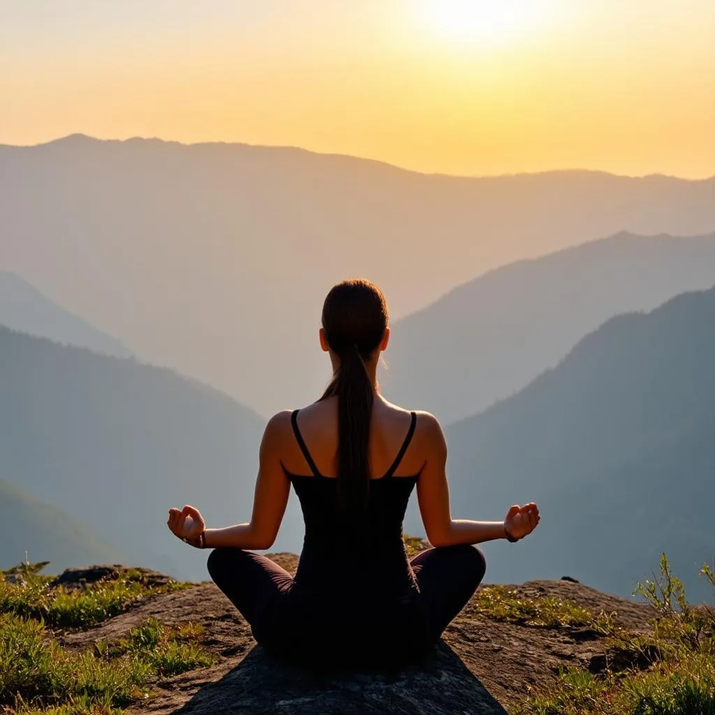 Woman meditating amidst a serene mountain landscape