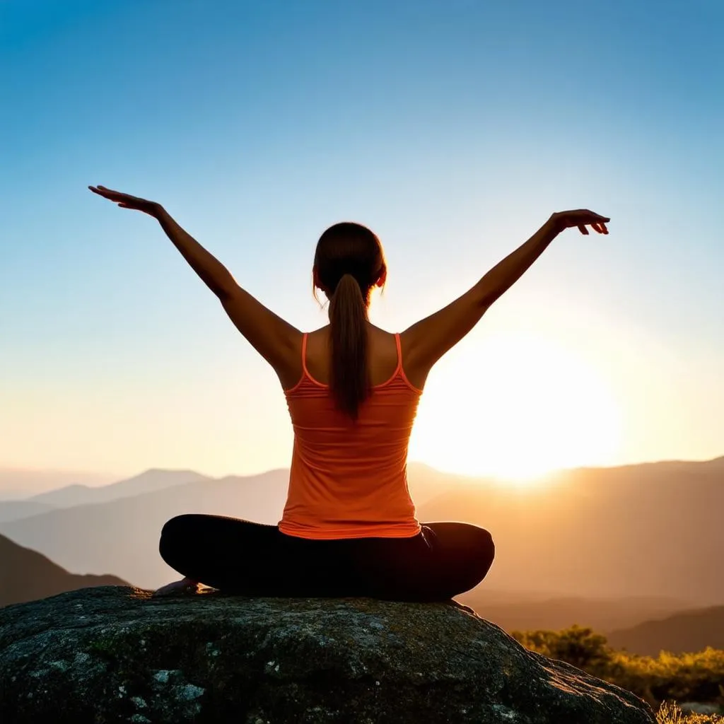 Woman meditating on a mountaintop at sunrise