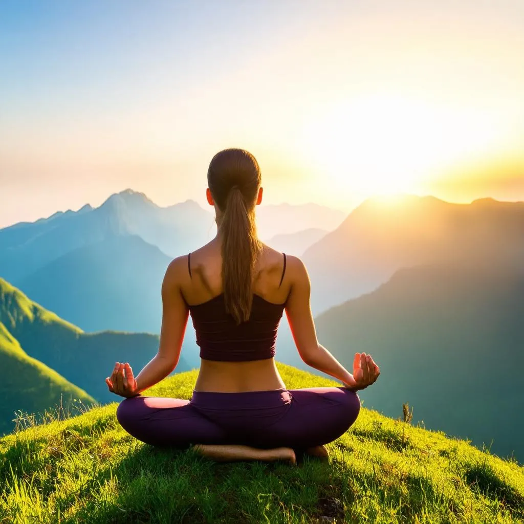 woman meditating on a mountain top