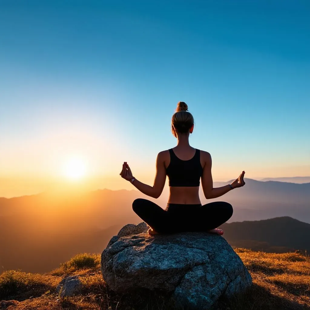 Woman meditating on a serene mountaintop