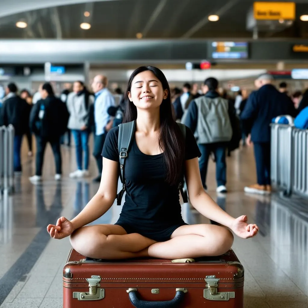 woman meditating on a suitcase