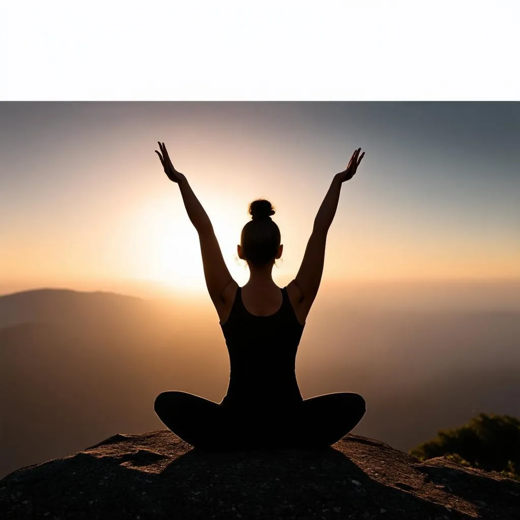 Woman meditating at sunrise on a mountain top