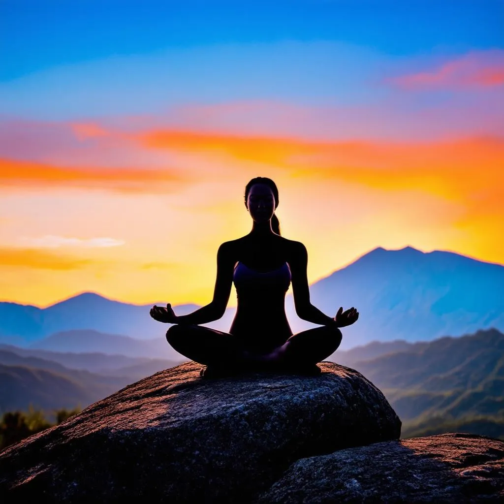 Woman meditating with mountains in the background