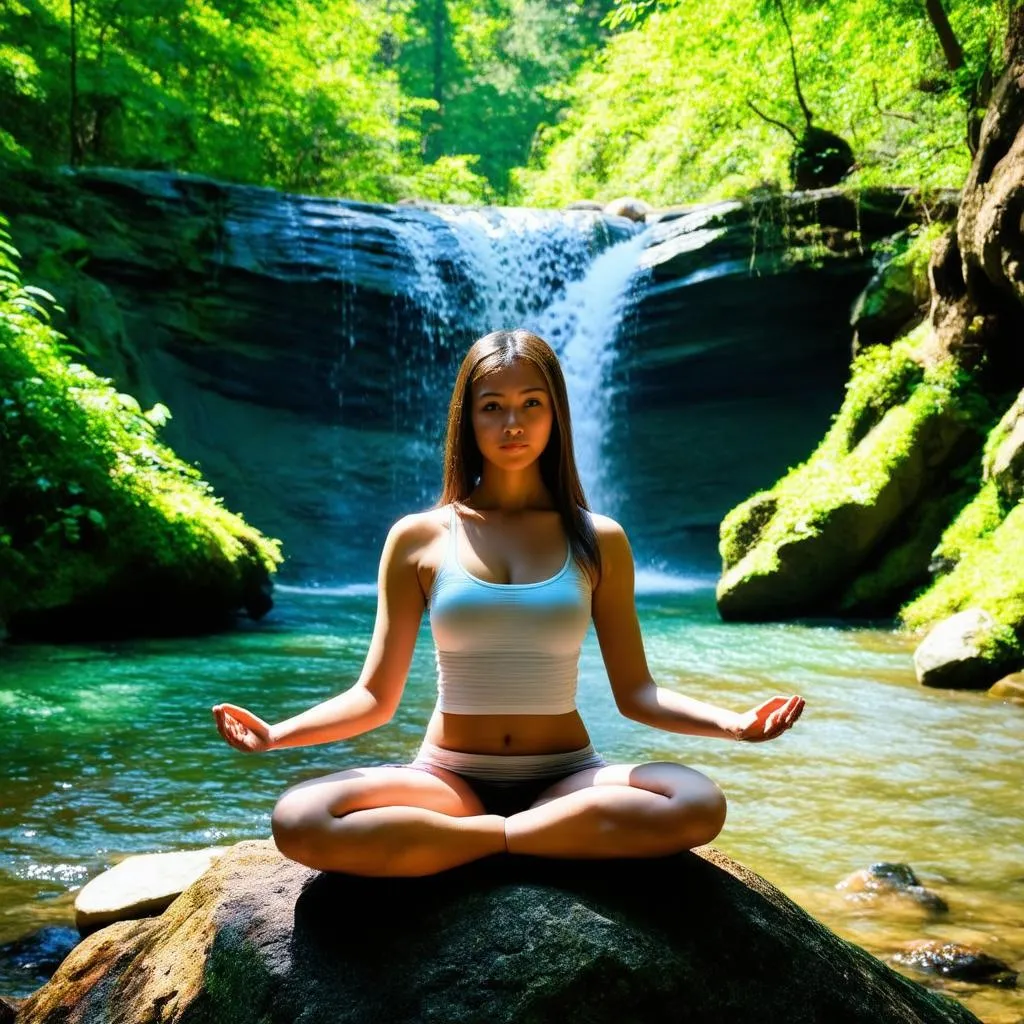 Woman meditating in front of waterfall