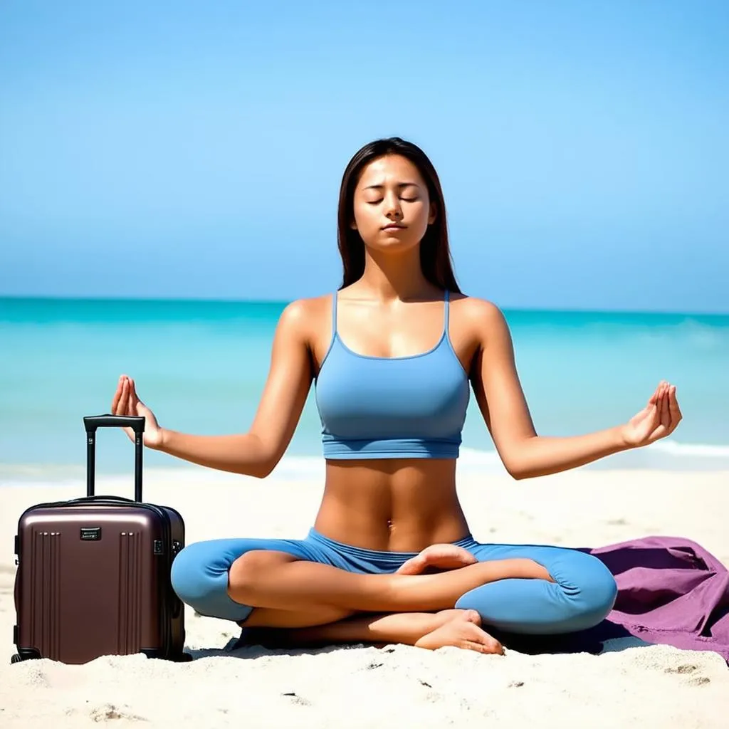 Woman meditating with Suitcase