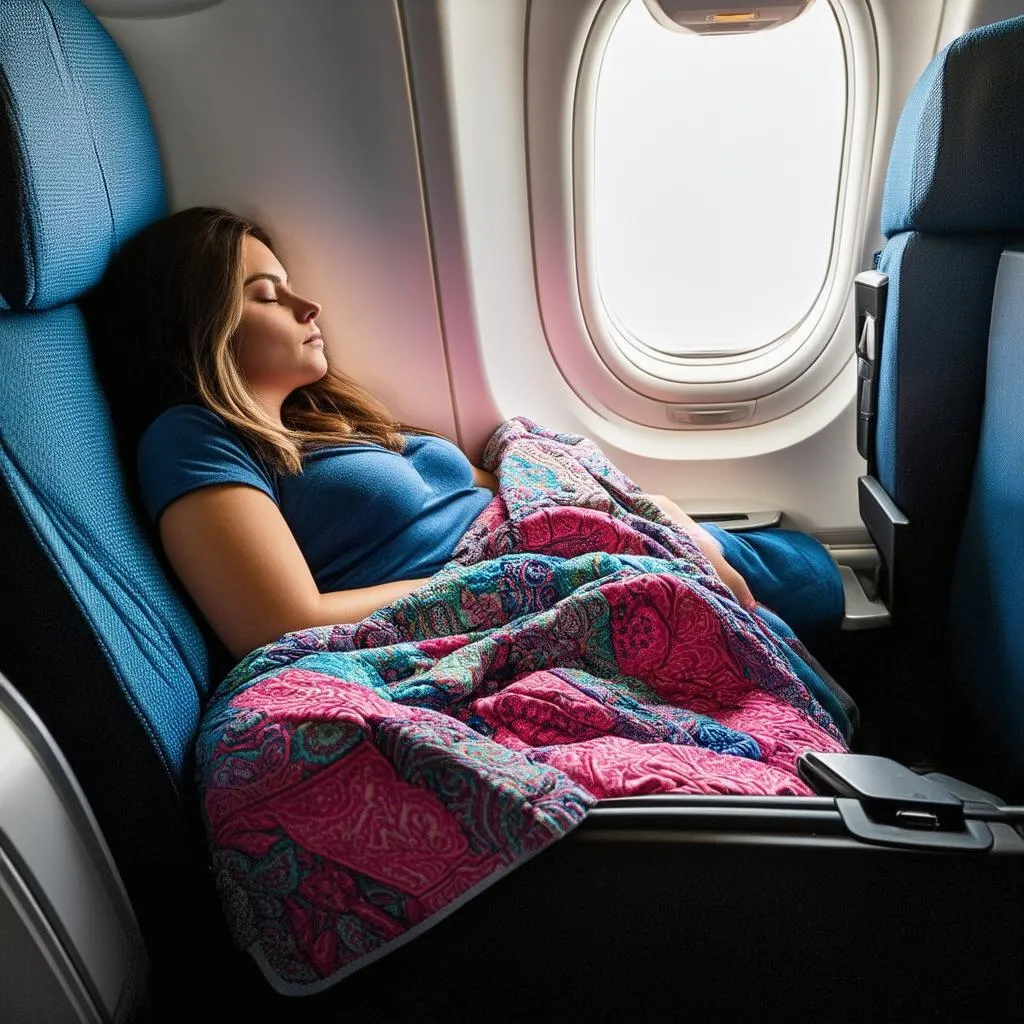 Woman on Airplane Using Travel Blanket