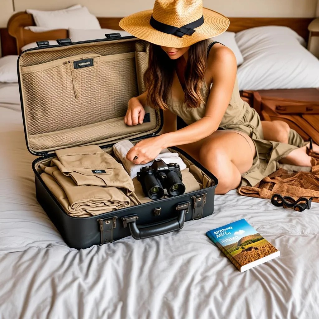 Woman Packing Suitcase for African Safari