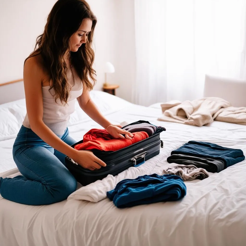 Woman packing suitcase on bed