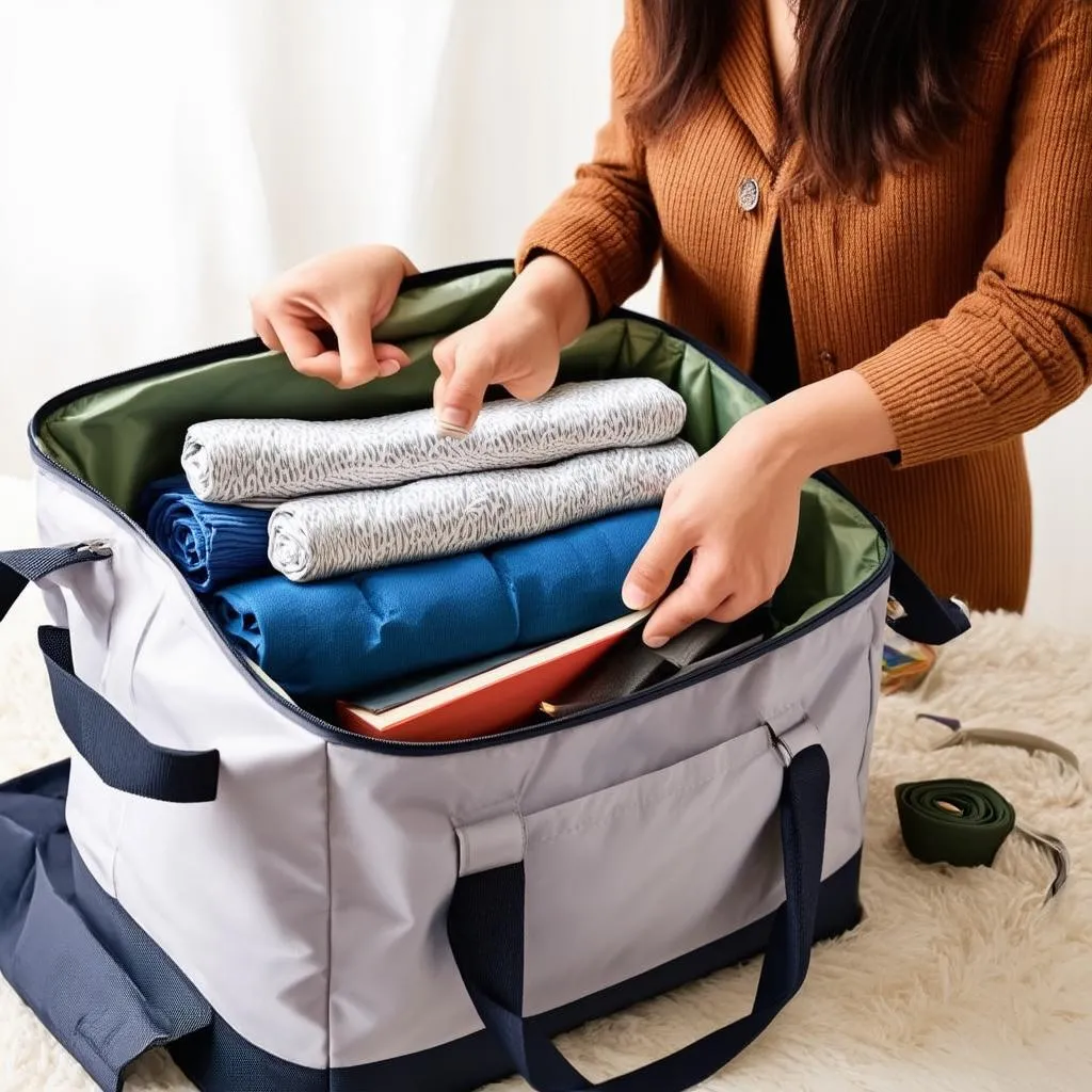 A woman packing her tote bag for travel