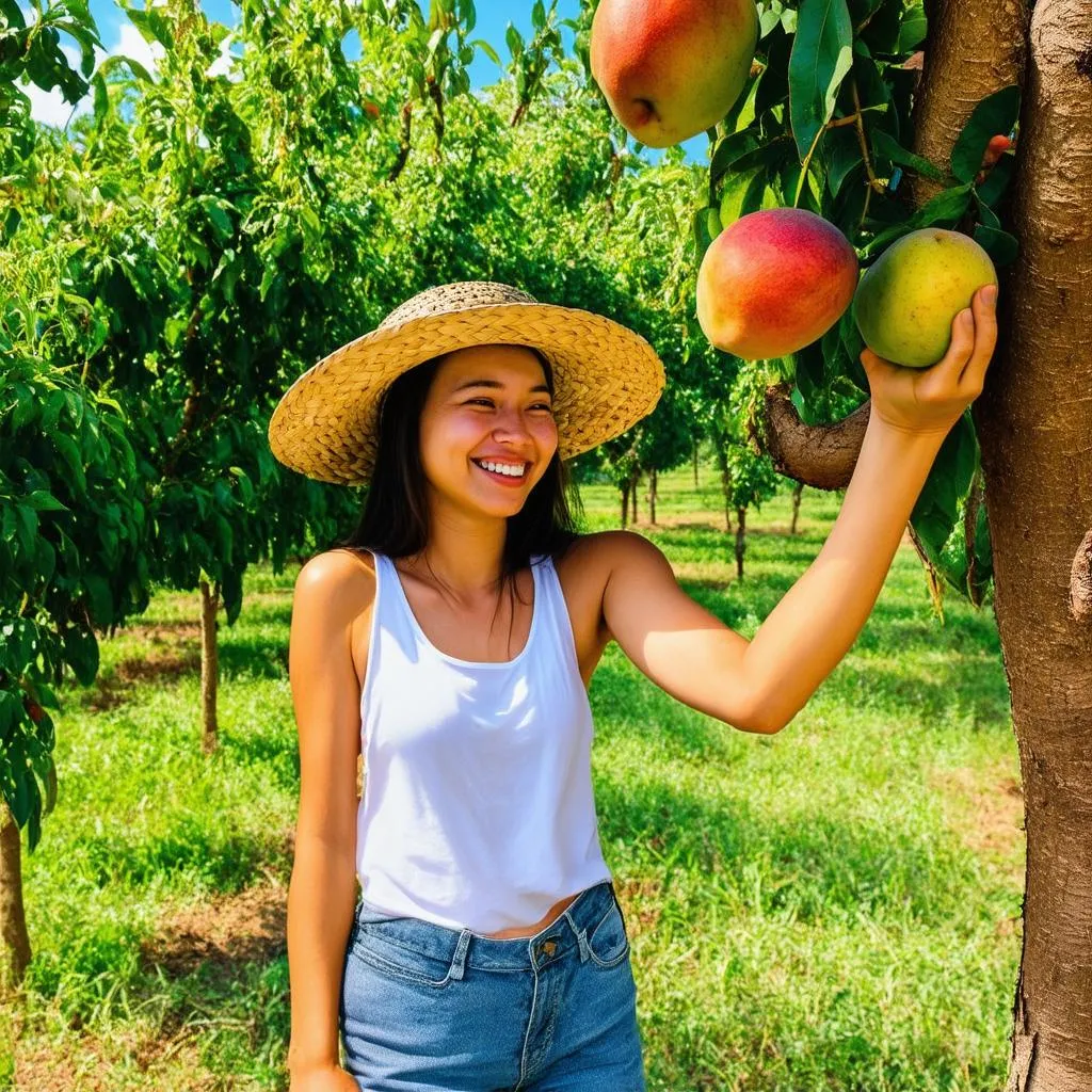 Woman picking fruit in orchard