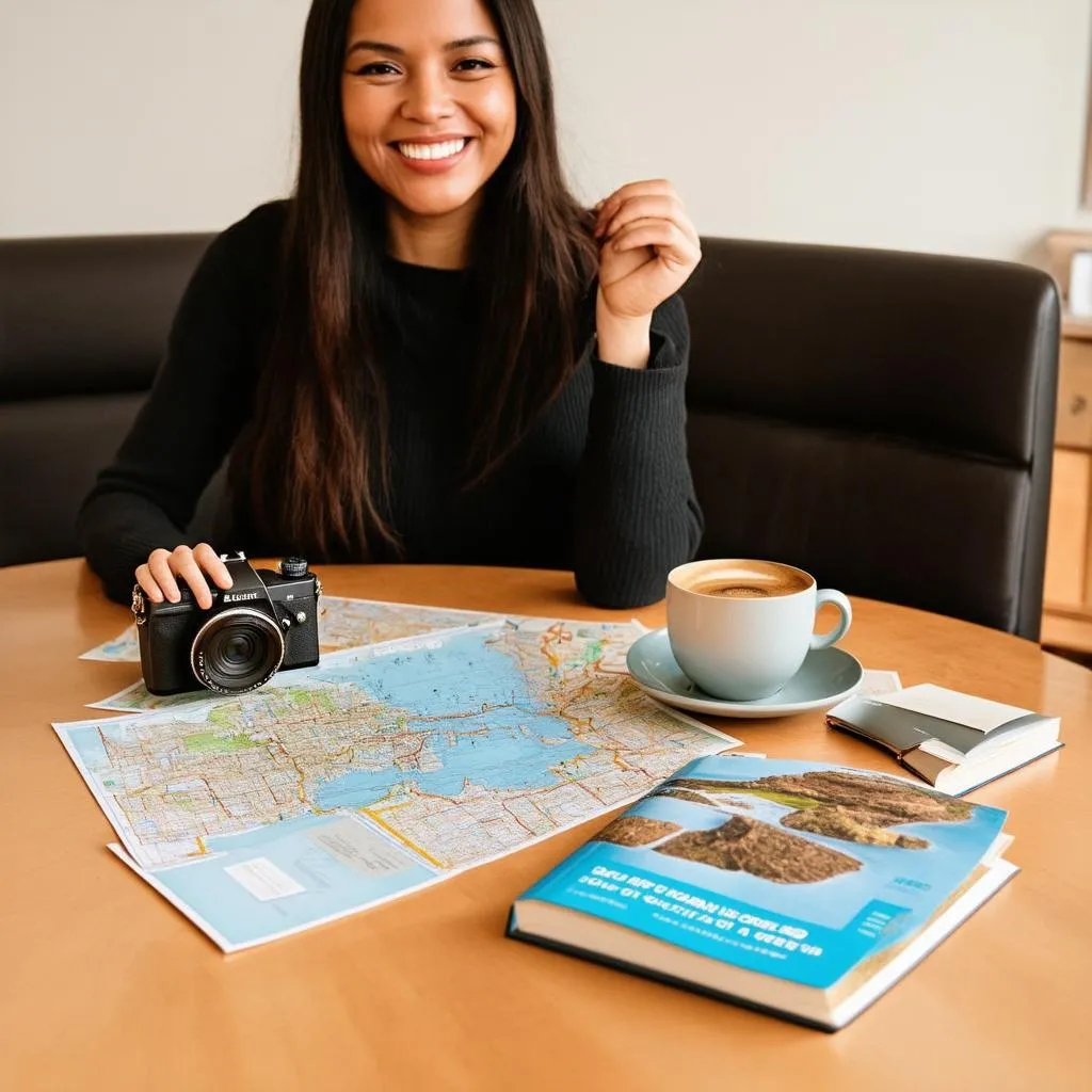 Woman planning a road trip using a map and guide book