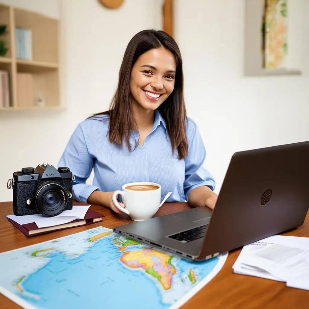 Woman planning her next vacation trip with a travel guide and using a laptop.