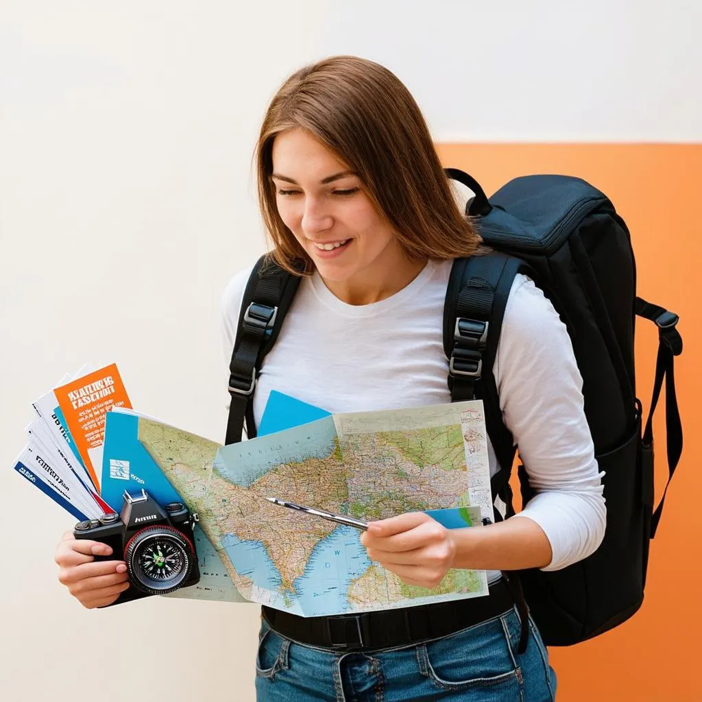 Woman planning a trip with a map and compass.