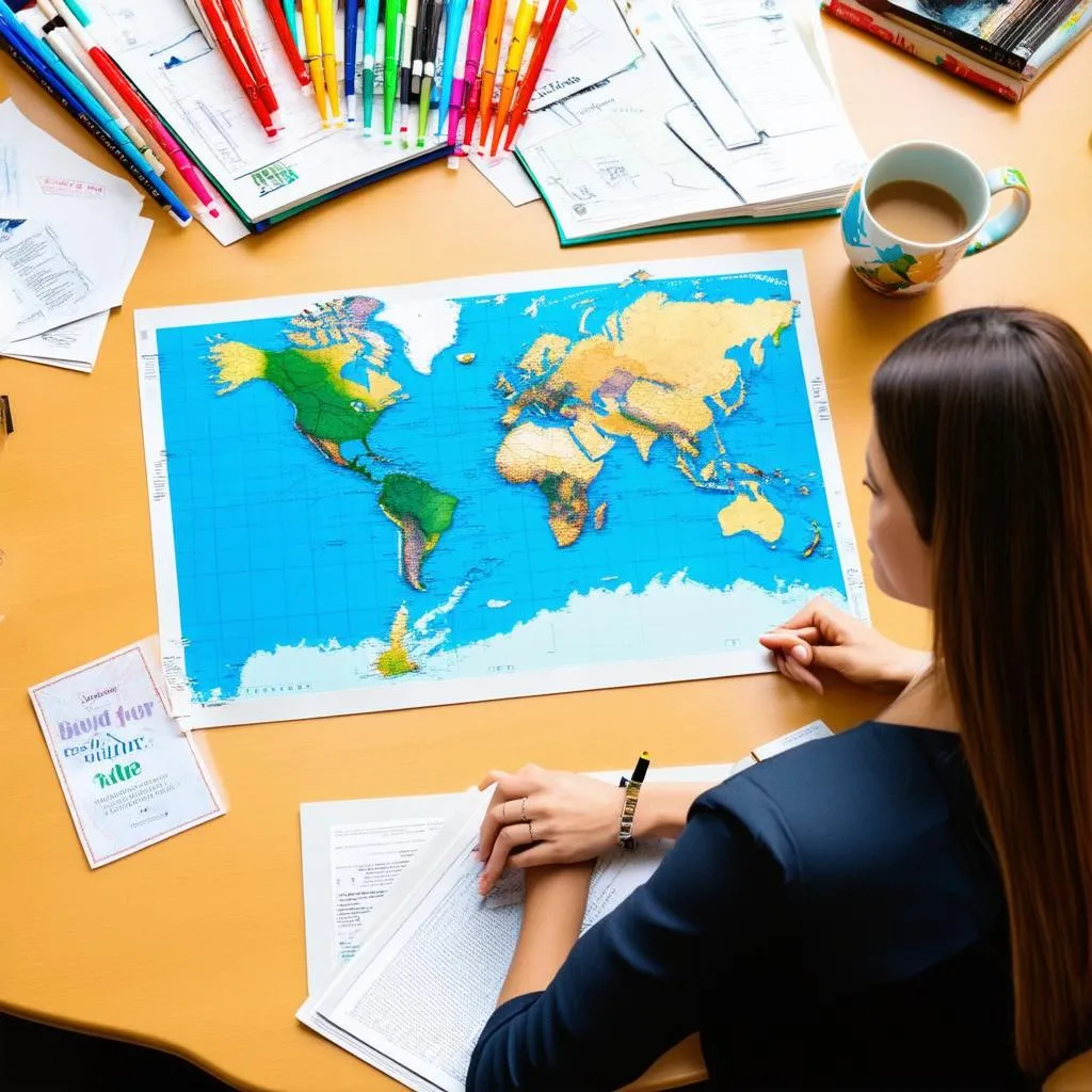 Woman planning a trip with a map and guide books