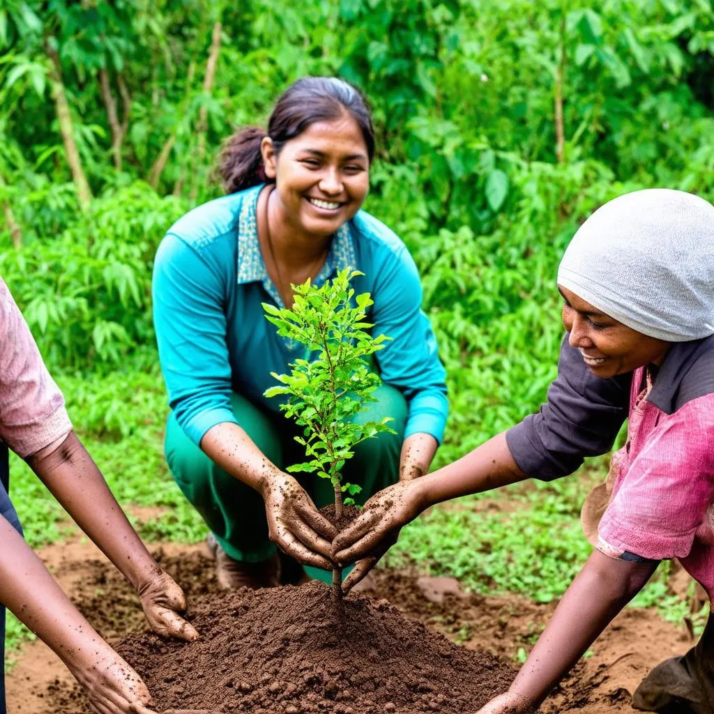 Woman Planting Tree With Locals