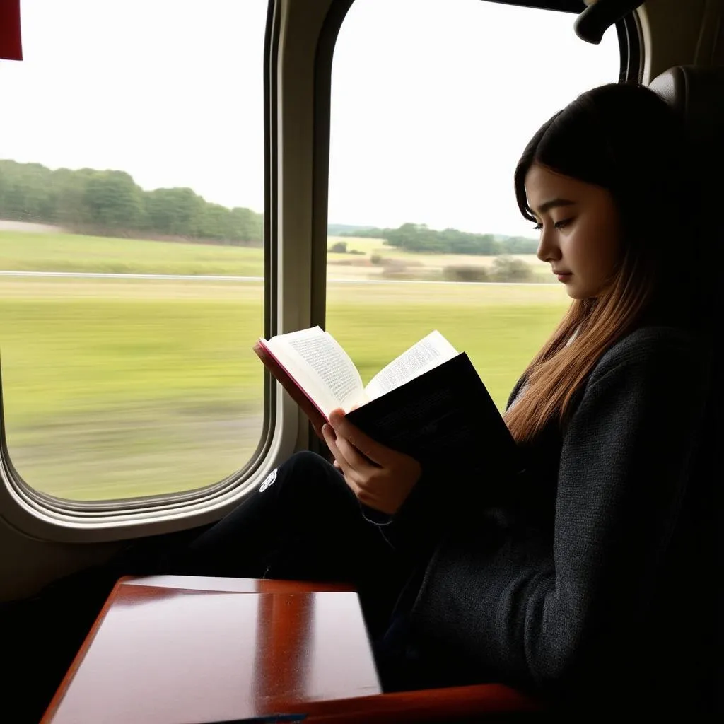 Woman reading on a train