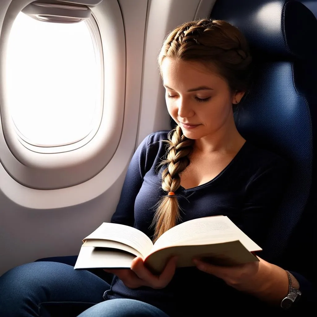 woman reading a book on a plane