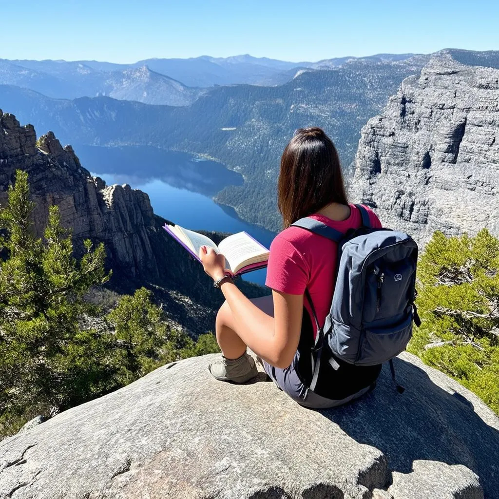 Woman Reading Travel Book on Mountain