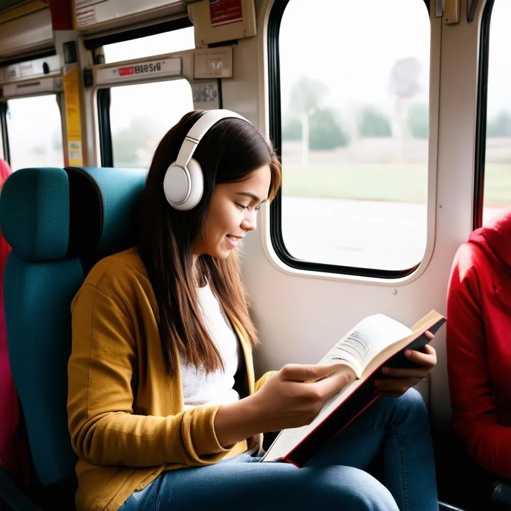 Woman Reading on Train Commute