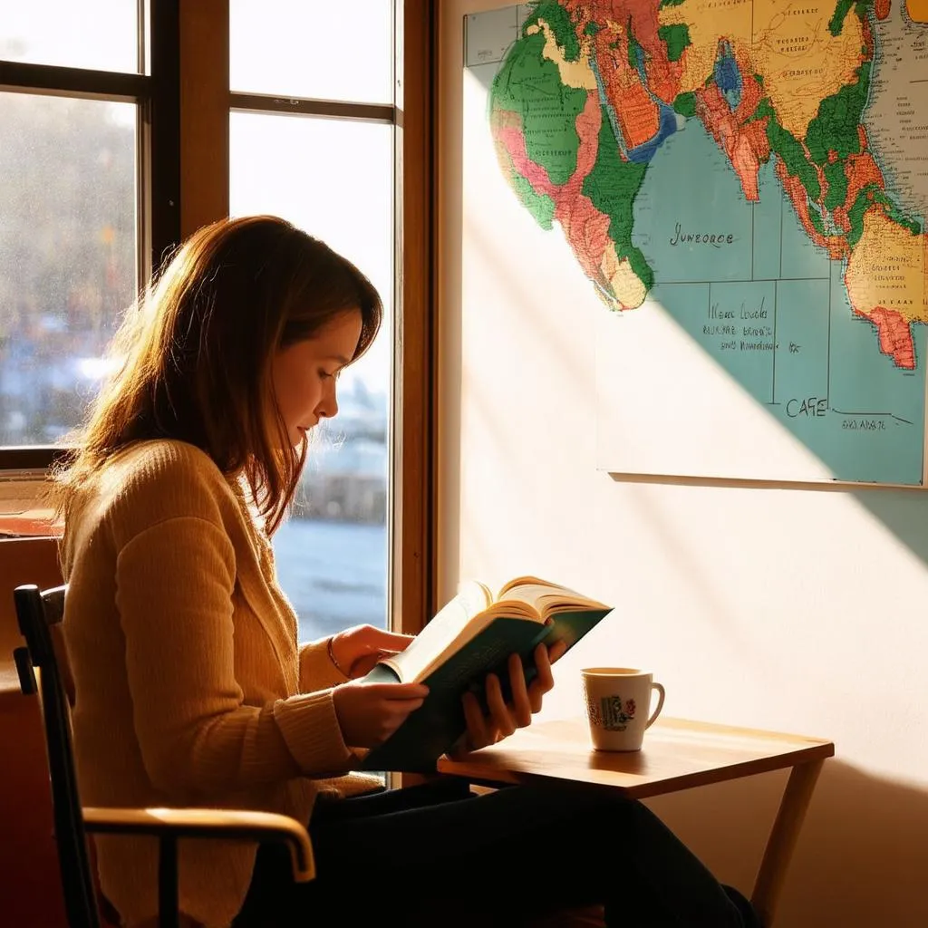 Solo female traveler finding inspiration in a travel book