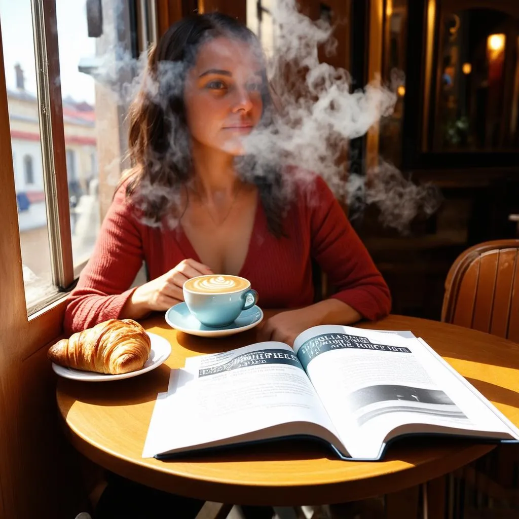 A woman enjoys a coffee while planning her trip with a travel guide in a Parisian cafe.