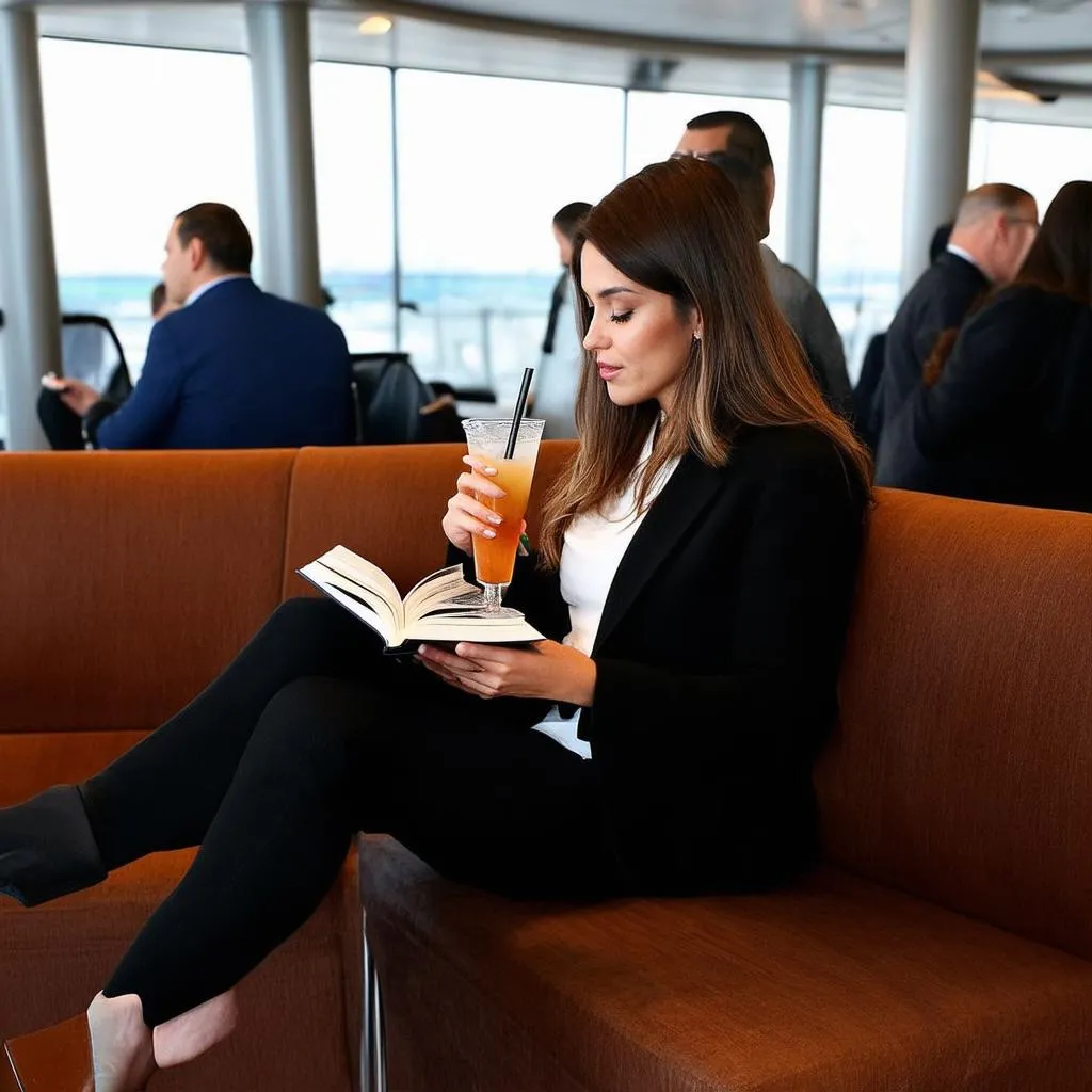 Woman relaxing in airport lounge