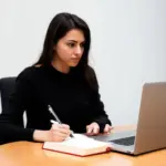 woman researching on laptop