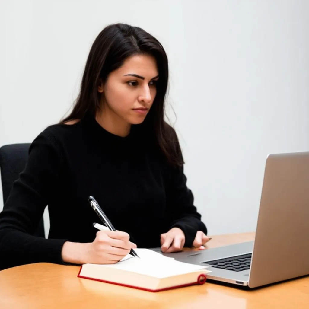 woman researching on laptop