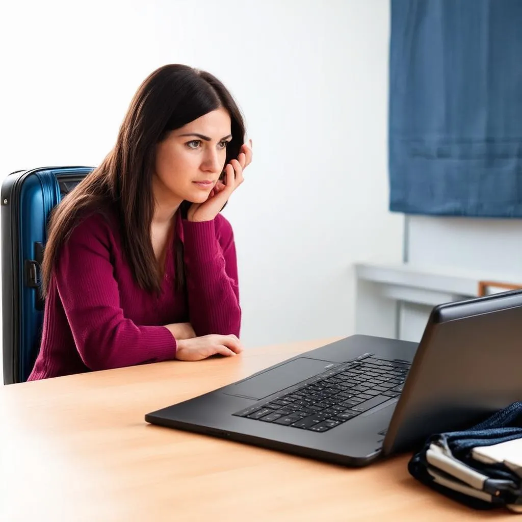 A woman researching travel advisories on her laptop