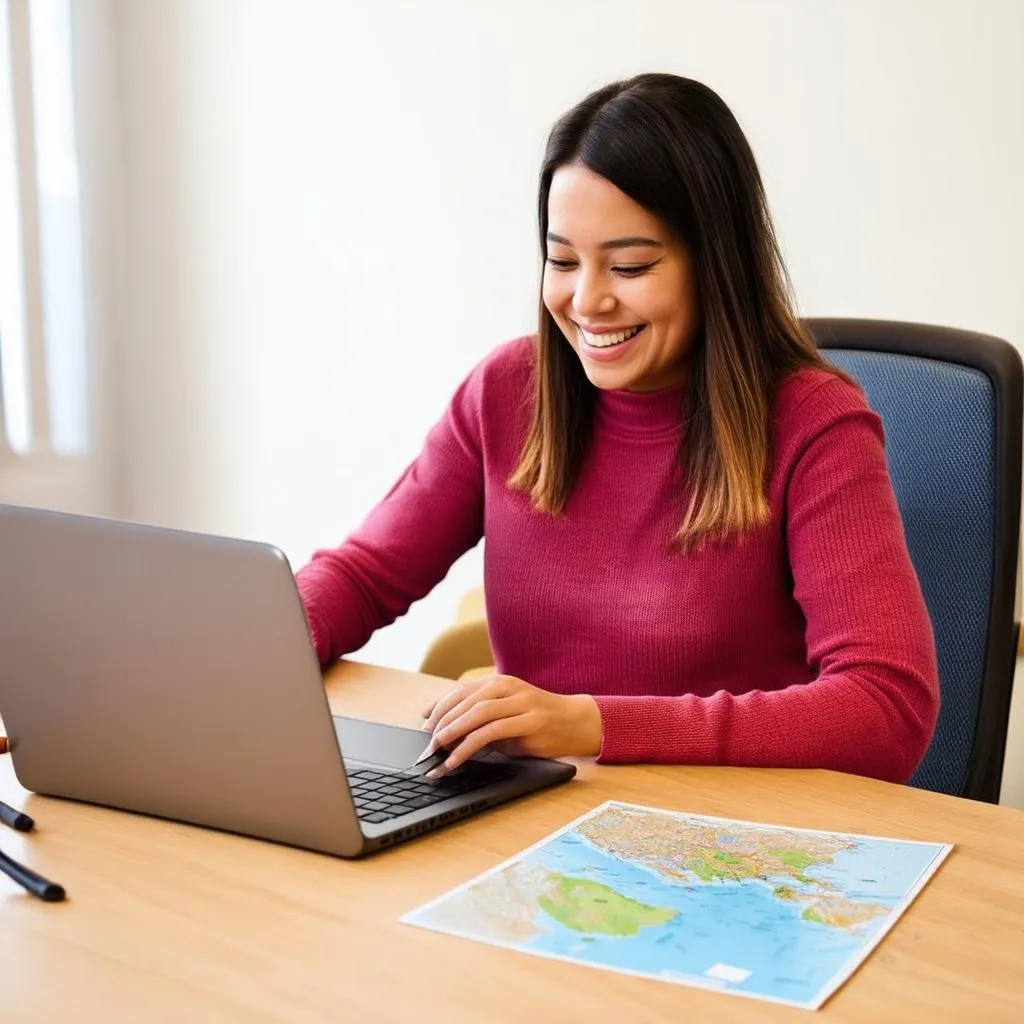 Woman Researching Travel Destinations on Laptop